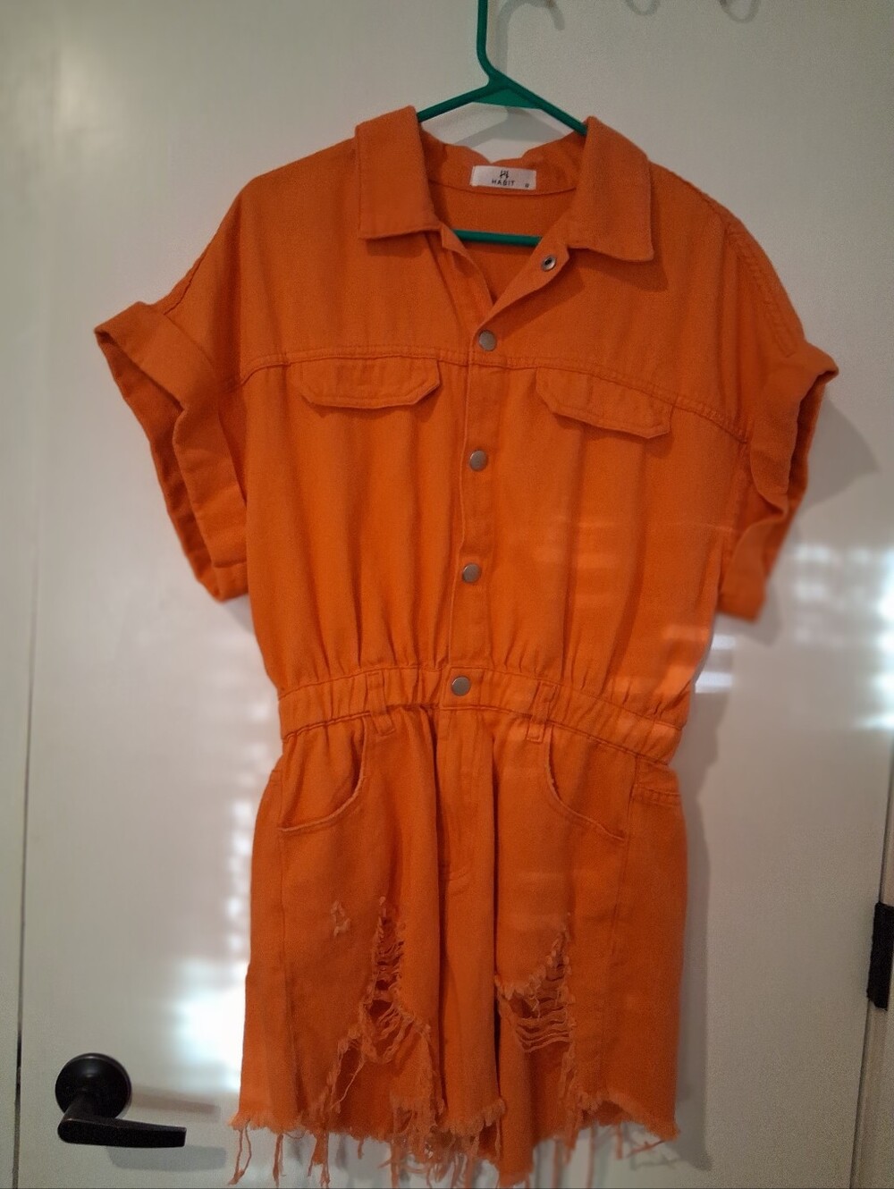 Habit Orange Button-Front Distressed Romper